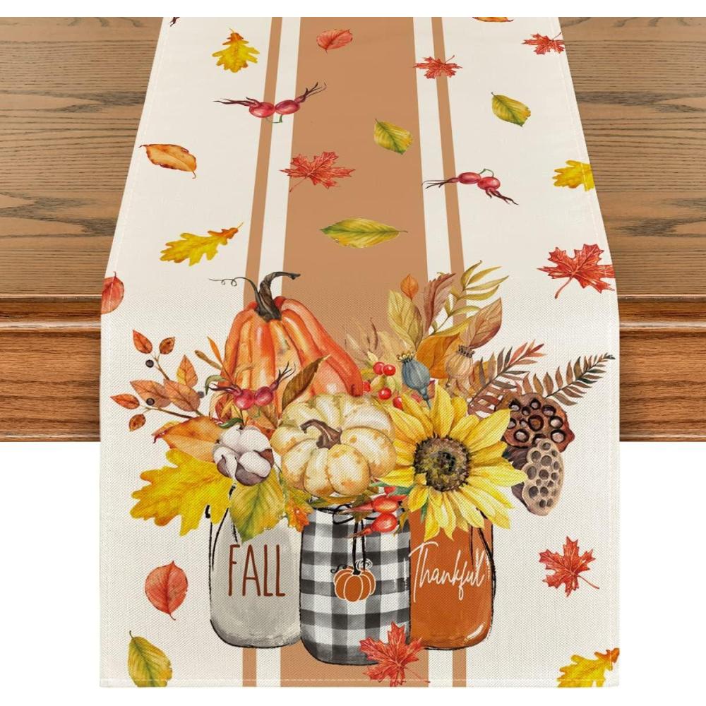 imageArtoid Mode Thankful Fall Pumpkin Leaves Floral Vases Table Runner Autumn Thanksgiving Kitchen Dining Table Decoration for Home Party Decor 13x72 InchOrangeBeige