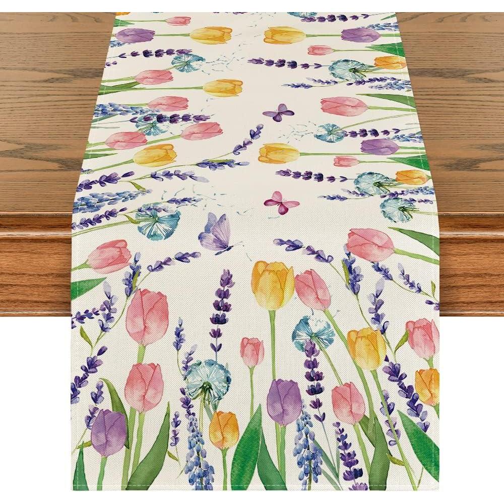 imageArtoid Mode Tulip Lavender Summer Table Runner Seasonal Spring Kitchen Dining Table Decoration for Home Party Decor 13x72 InchTulip