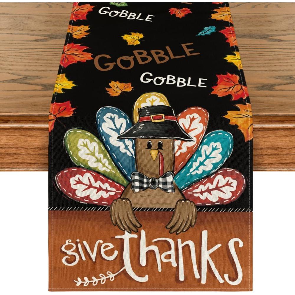 imageArtoid Mode Turkey Give Thanks Thanksgiving Table Runner Seasonal Fall Autumn Kitchen Dining Table Decoration for Home Party Decor 13x72 InchBlack