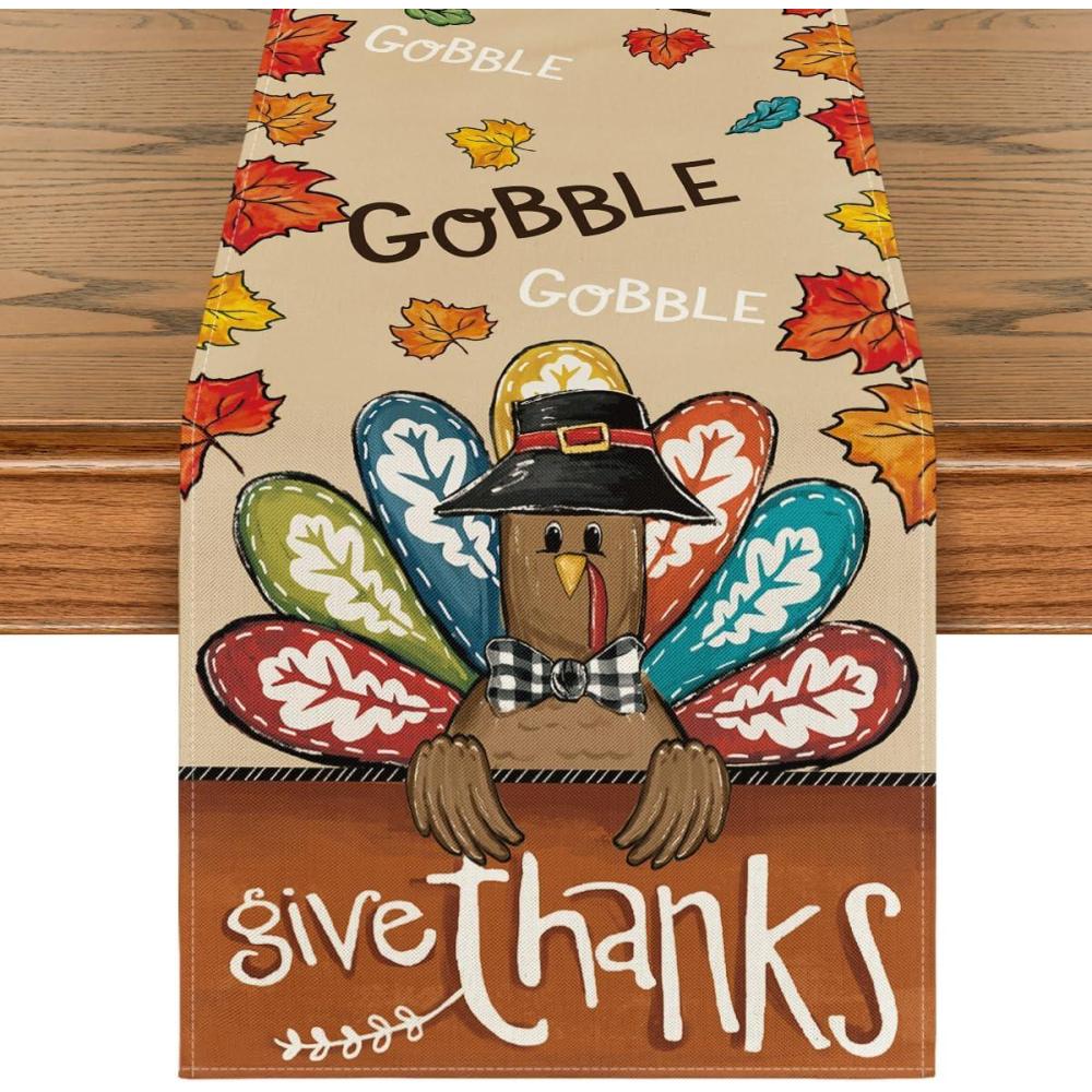 imageArtoid Mode Turkey Give Thanks Thanksgiving Table Runner Seasonal Fall Autumn Kitchen Dining Table Decoration for Home Party Decor 13x72 InchBrown
