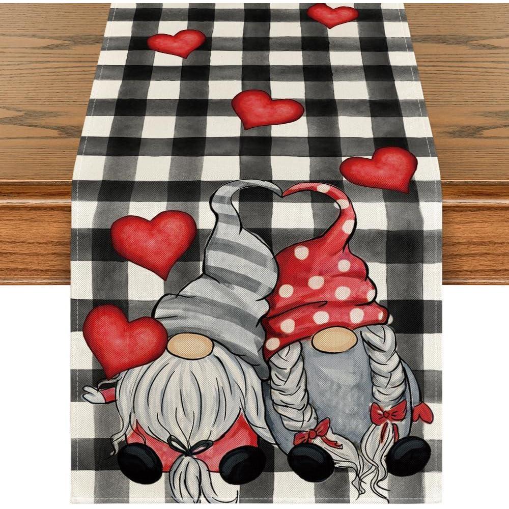 imageArtoid Mode Watercolor Buffalo Plaid Hearts Gnomes Love Valentines Day Table Runner Seasonal Anniversary Wedding Holiday Kitchen Dining Table Decoration for Indoor Outdoor Home Decor 13 x 72 InchBlack