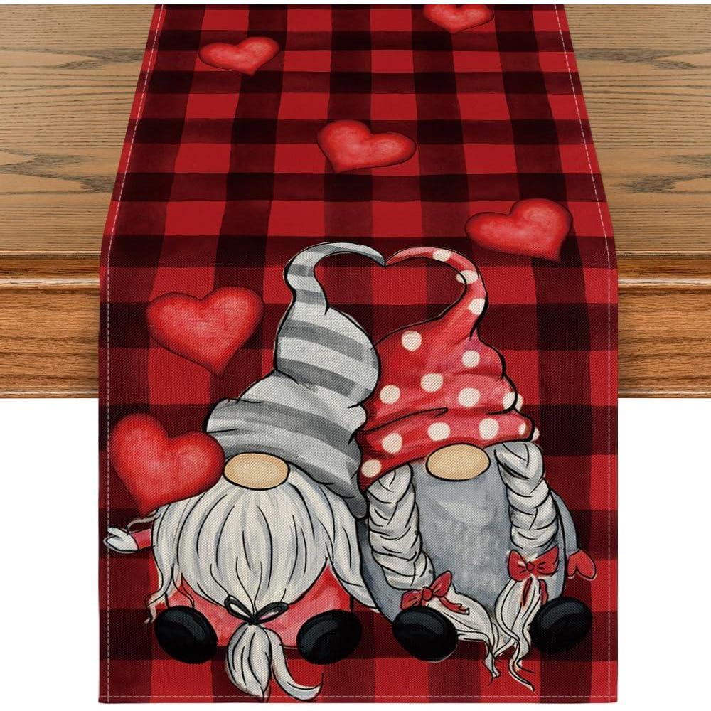 imageArtoid Mode Watercolor Buffalo Plaid Hearts Gnomes Love Valentines Day Table Runner Seasonal Anniversary Wedding Holiday Kitchen Dining Table Decoration for Indoor Outdoor Home Decor 13 x 72 InchRed  Black