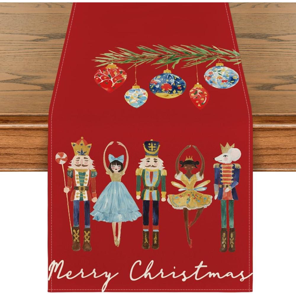 imageArtoid Mode Watercolor Nutcrackers Xmas Balls Merry Christmas Table Runner Seasonal Winter Holiday Kitchen Dining Table Decoration for Indoor Outdoor Home Party Decor 13 x 72 InchRed