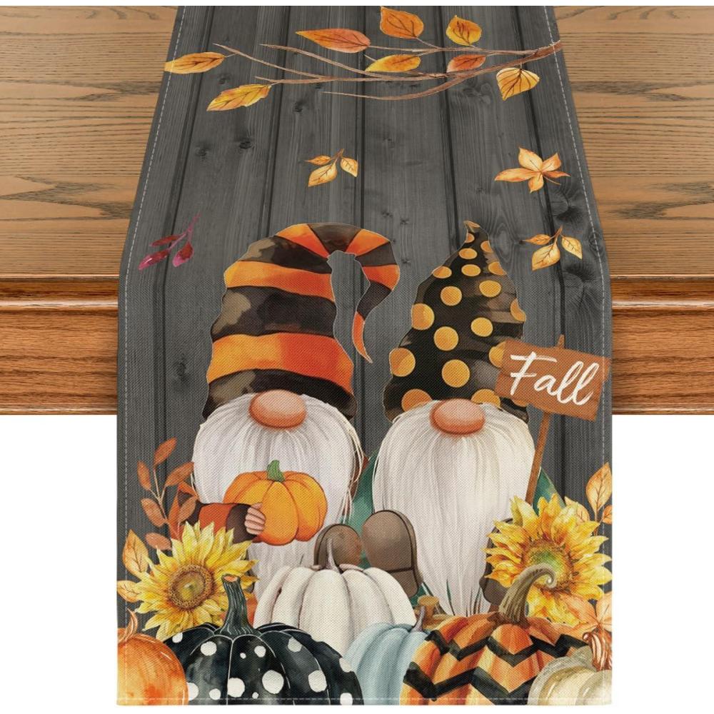 imageArtoid Mode Wood Gnomes Pumpkins Sunflower Leaves Fall Table Runner Seasonal Autumn Kitchen Dining Table Decoration for Home Party Decor 13x72 InchBlack