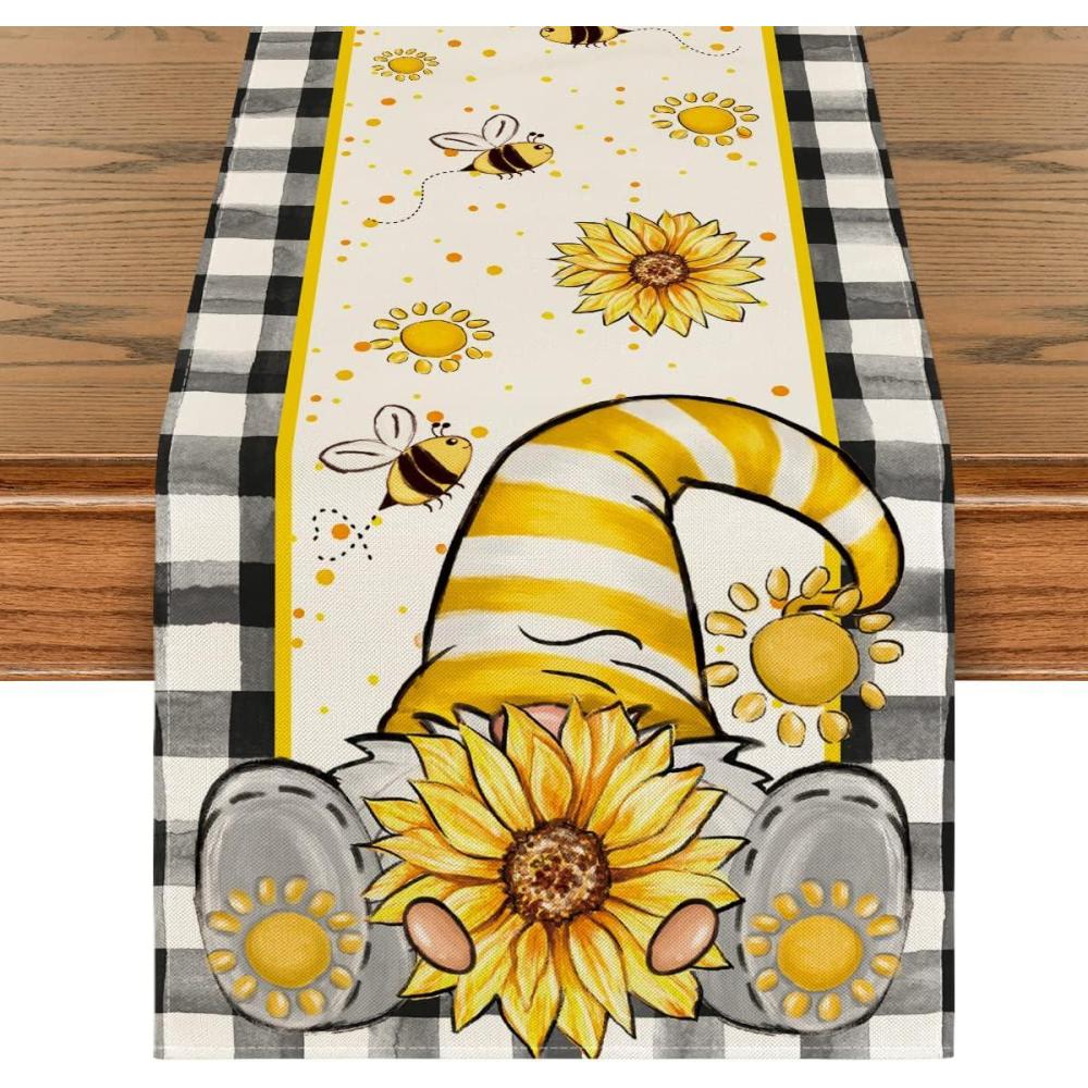 imageArtoid Mode Yellow Buffalo Plaid Sunflower Gnome Bee Summer Table Runner Spring Kitchen Dining Table Decoration for Home Party Decor 13x72 InchBlack