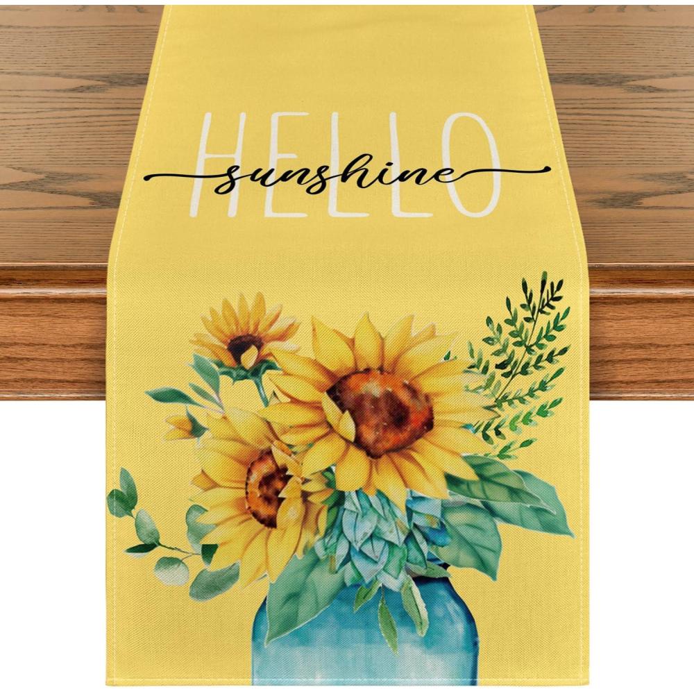 imageArtoid Mode Yellow Hello Sunshine Sunflower Summer Table Runner Spring Seasonal Anniversary Holiday Kitchen Dining Table Decoration for Indoor Outdoor Home Party Decor 13 x 72 InchYellow