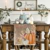 Artoid Mode Aqua Hello Pumpkin Leaves Fall Table Runner, Seasonal Autumn Kitchen Dining Table Decoration for Home Party Decor 13×72 Inch(Wood-orange)