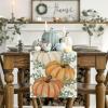 Artoid Mode Orange Pumpkins Eucalyptus Leaves Fall Table Runner, Autumn Thanksgiving Kitchen Dining Table Decoration for Home Party Decor 13×72 Inch(Orange)