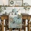 Artoid Mode Orange Pumpkins Eucalyptus Leaves Fall Table Runner, Autumn Thanksgiving Kitchen Dining Table Decoration for Home Party Decor 13×72 Inch(Wood-blue)