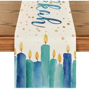 Artoid Mode Watercolor Candle Happy Hanukkah Table Runner, Menorah Chanukah Holiday Kitchen Dining Table Decoration for Indoor Outdoor Home Party Decor 13 x 72 Inch(Blue)