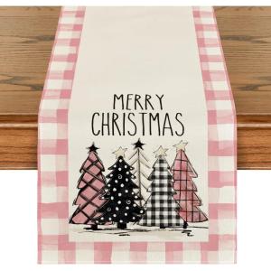 Artoid Mode Watercolor Red and Black Buffalo Plaid Christmas Trees Merry Xmas Table Runner, Seasonal Winter Holiday Kitchen Dining Table Decoration for Indoor Outdoor Home Party Decor 13 x 72 Inch(Multi Color/Pink)