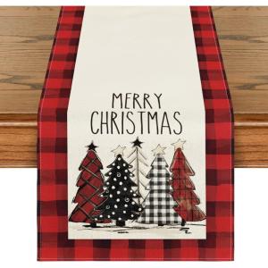 Artoid Mode Watercolor Red and Black Buffalo Plaid Christmas Trees Merry Xmas Table Runner, Seasonal Winter Holiday Kitchen Dining Table Decoration for Indoor Outdoor Home Party Decor 13 x 72 Inch(Multi Color/Red)