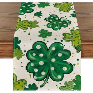 Artoid Mode Watercolor Shamrock St. Patrick’s Day Table Runner, Seasonal Spring Holiday Kitchen Dining Table Decoration for Indoor Outdoor Home Party Decor 13 x 72 Inch(Green)
