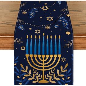 Artoid Mode Watercolor Star Olives Hanukkah Table Runner, Seasonal Chanukah Menorah Kitchen Dining Table Decoration for Outdoor Home Party 13×72 Inch(Blue)