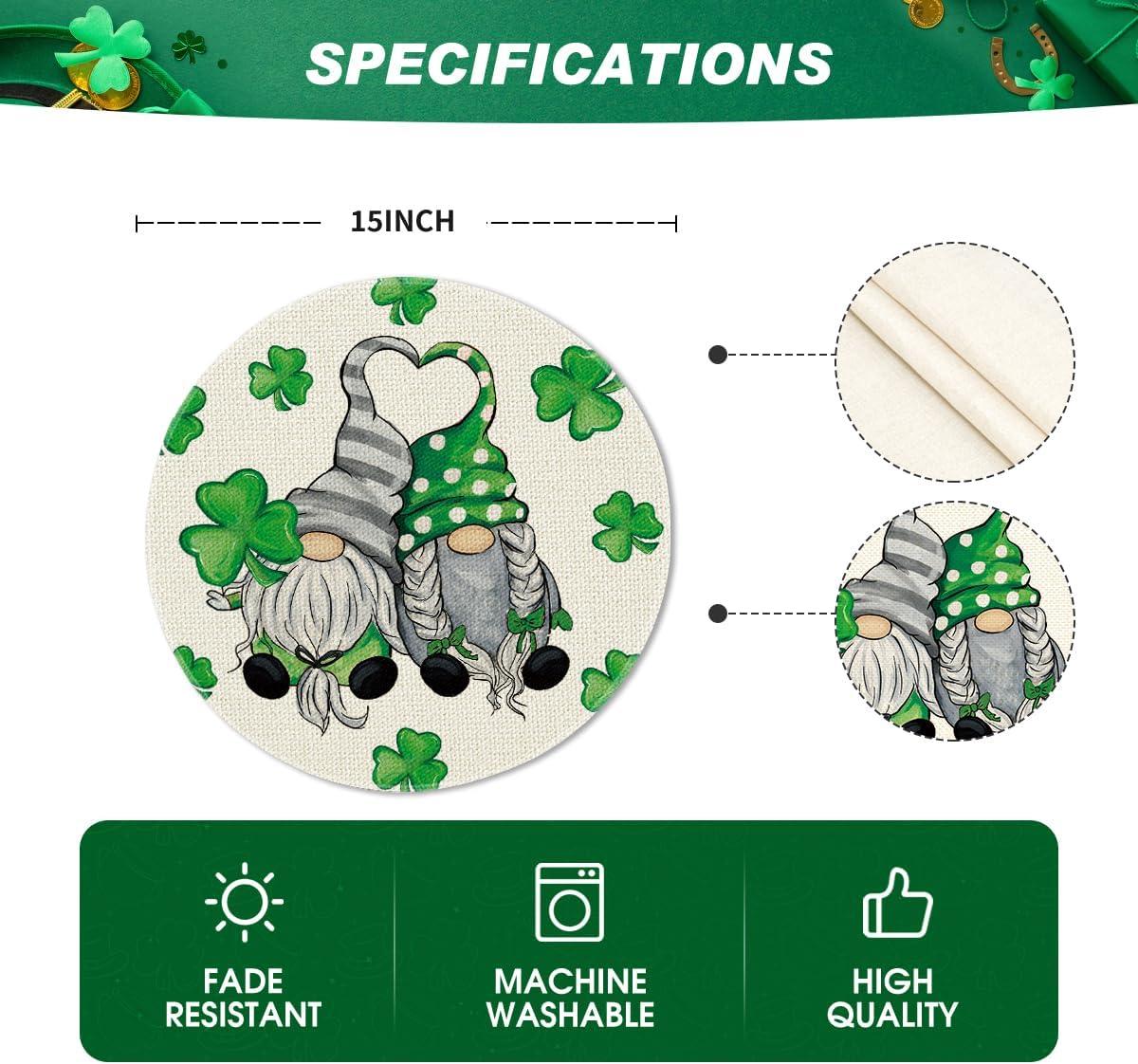 imageArtoid Mode Beige Lucky Shamrock Gnome Round St Patricks Day Placemats Set of 4 15 Inch Spring Round Table Mats for Dining DecorationBeige