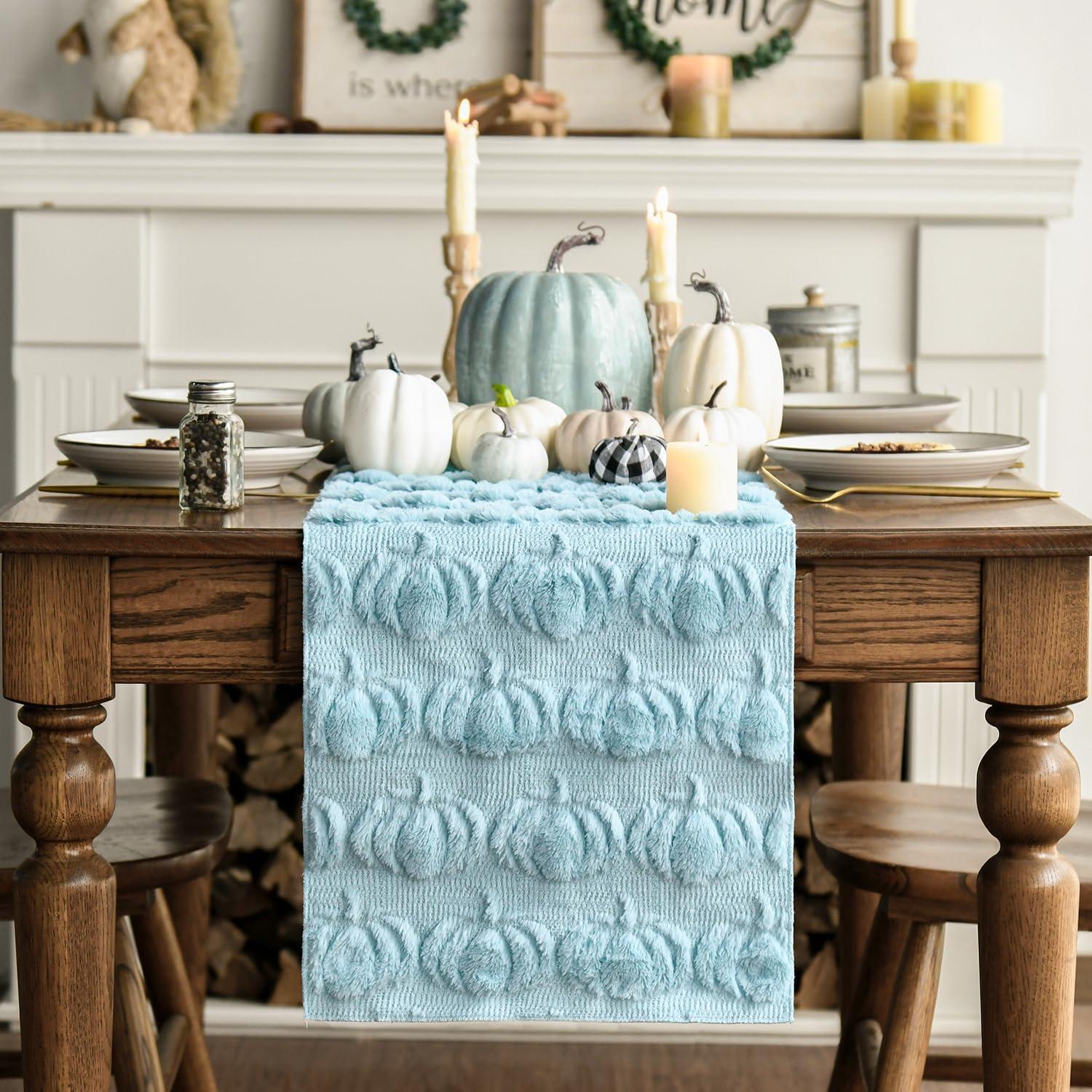 imageArtoid Mode Beige Soft Plush Faux Fur Jacquard Pumpkins Fall Table Runner Seasonal Autumn Kitchen Dining Table Decoration for Home Party Decor 13x72 InchBlue