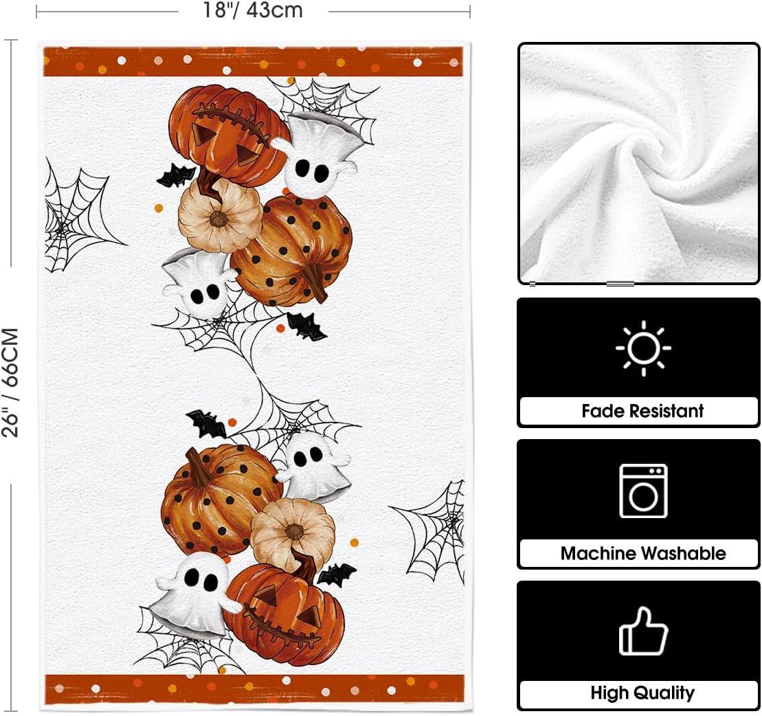 imageArtoid Mode Black Polka Dot Pumpkin Ghost Halloween Kitchen Towels Dish Towels 18x26 Inch Farmhouse Bat Cobweb Decoration Hand Towels Set of 4Orange