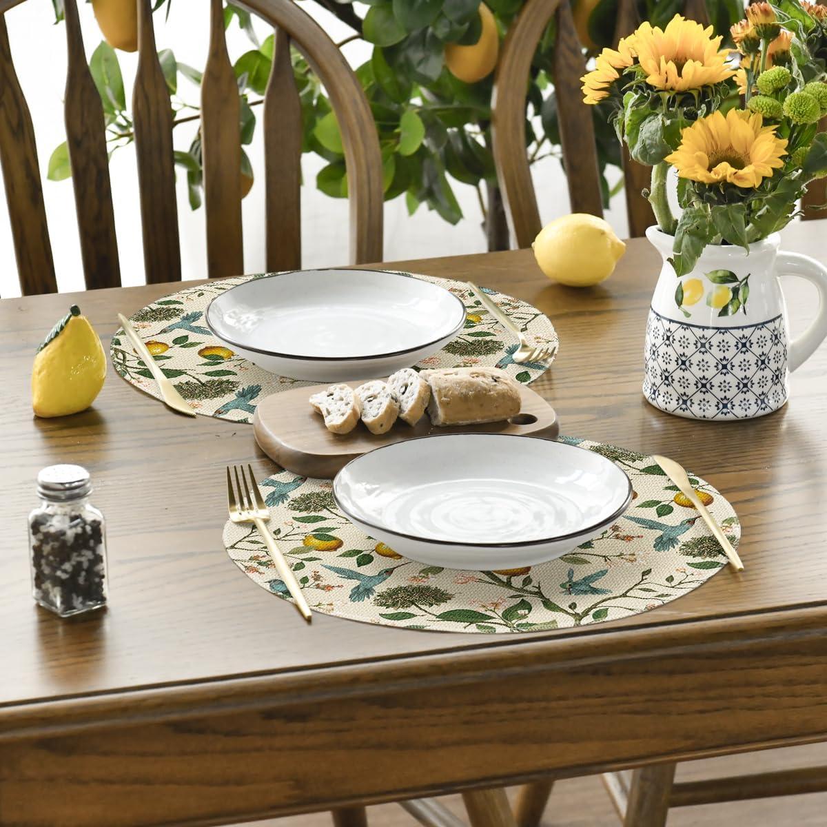 imageArtoid Mode Brown Lemon Tree Bird Flower Round Summer Placemats Set of 4 14 Inch Spring Farmhouse Round Table Mats for Dining DecorationMulticolor