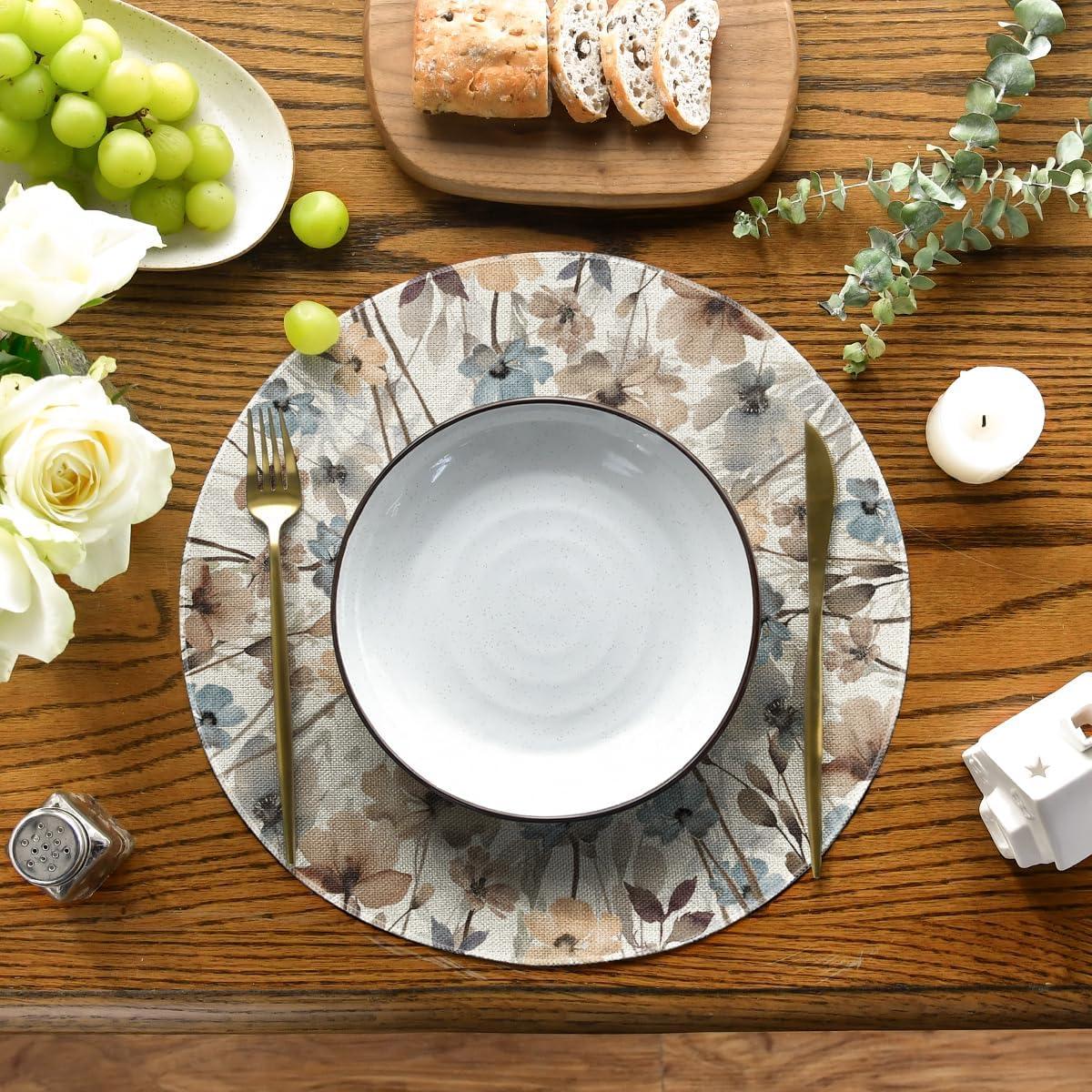 imageArtoid Mode Brown Poppy Floral Leaves Round Placemats Set of 415 Inch Seasonal Summer Table Mats for Party Kitchen Dining DecorationBeigeBrown