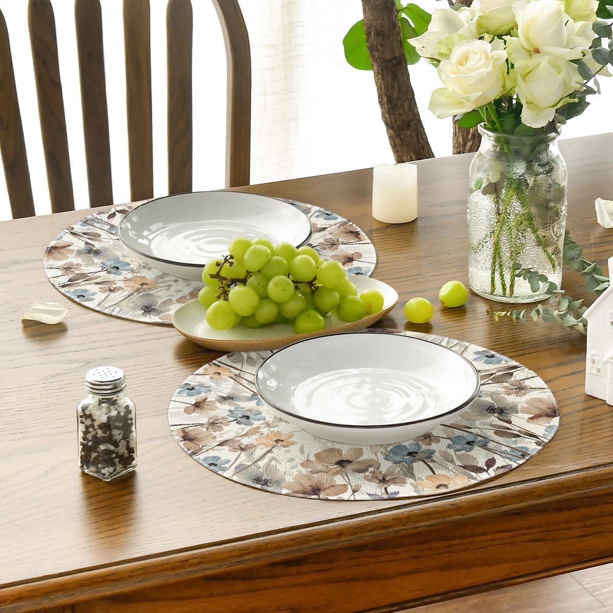 imageArtoid Mode Brown Poppy Floral Leaves Round Placemats Set of 415 Inch Seasonal Summer Table Mats for Party Kitchen Dining DecorationBeigeBrown