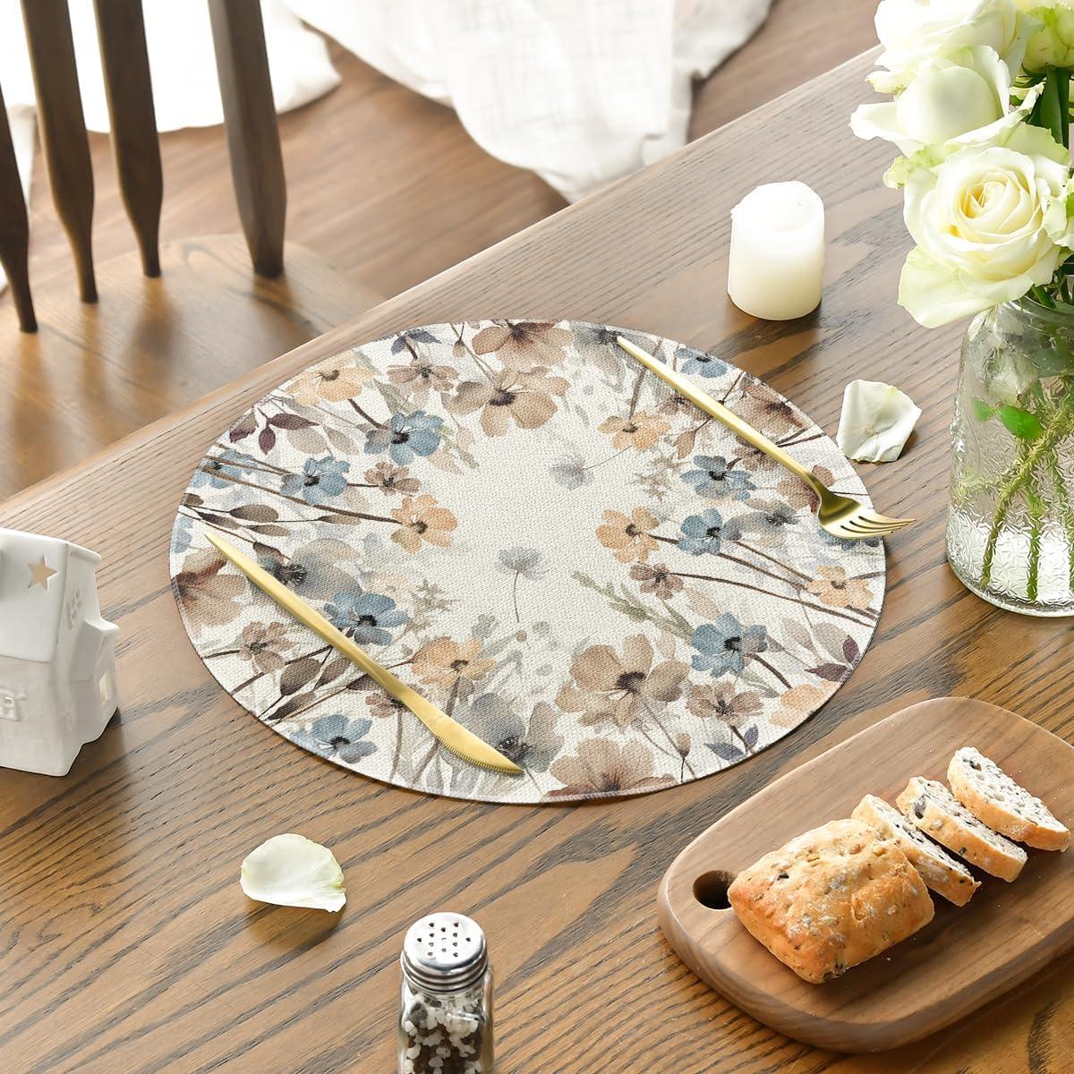 imageArtoid Mode Brown Poppy Floral Leaves Round Placemats Set of 415 Inch Seasonal Summer Table Mats for Party Kitchen Dining DecorationBeigeBrown