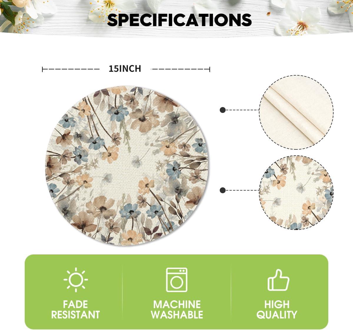 imageArtoid Mode Brown Poppy Floral Leaves Round Placemats Set of 415 Inch Seasonal Summer Table Mats for Party Kitchen Dining DecorationBeigeBrown