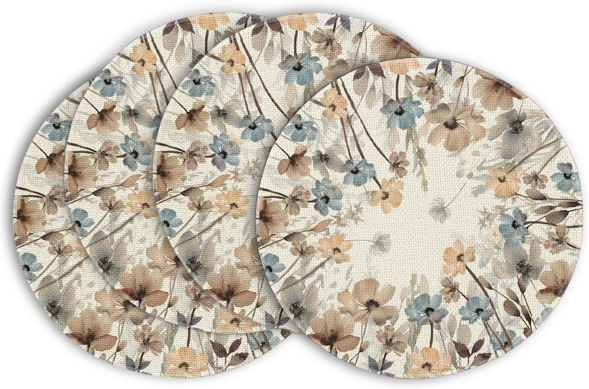 imageArtoid Mode Brown Poppy Floral Leaves Round Placemats Set of 415 Inch Seasonal Summer Table Mats for Party Kitchen Dining DecorationBeigeBrown