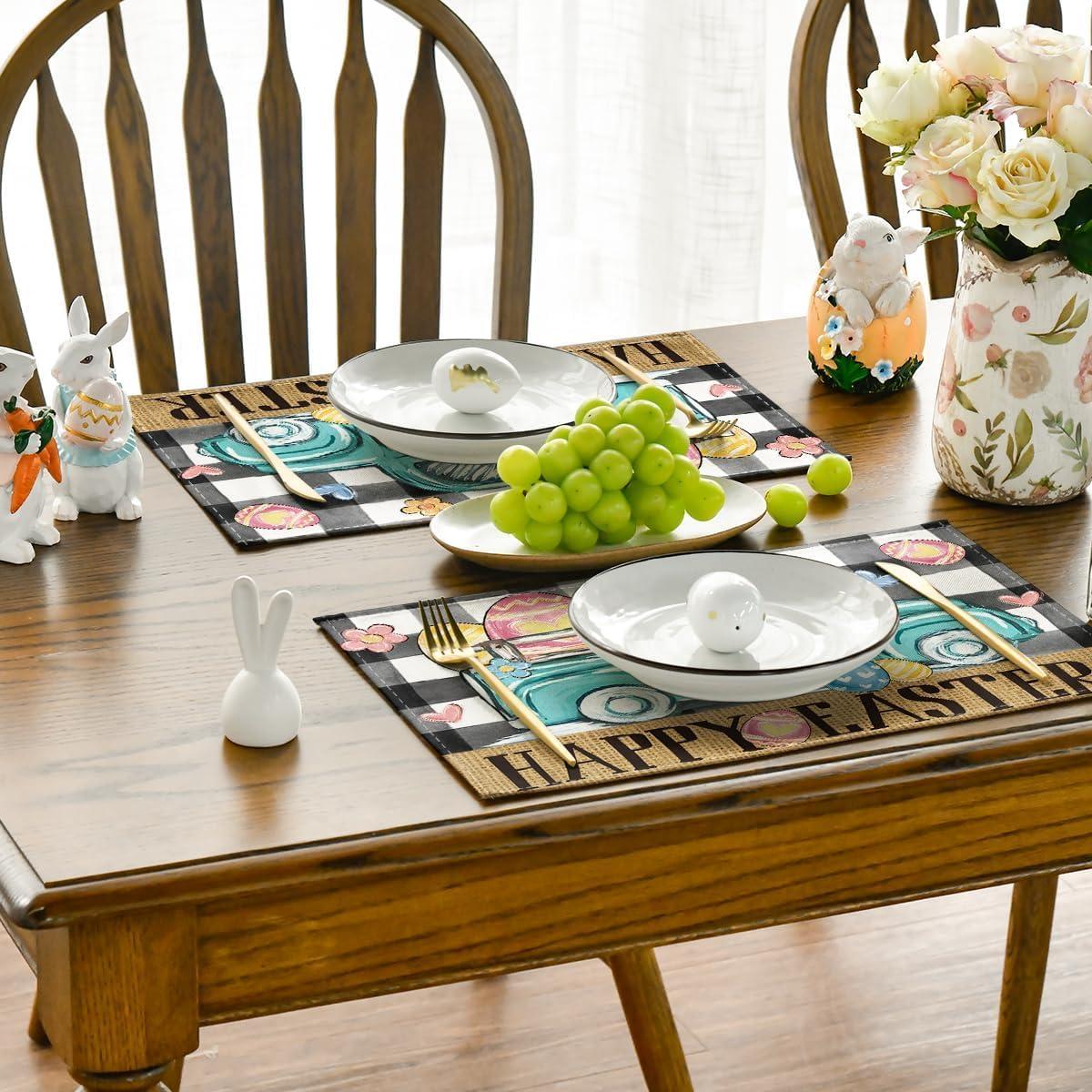 imageArtoid Mode Buffalo Plaid Carrot Egg Truck Daisy Happy Easter Placemats Set of 4 12x18 Inch Seasonal Table Mats for Party Kitchen Dining DecorationBlack