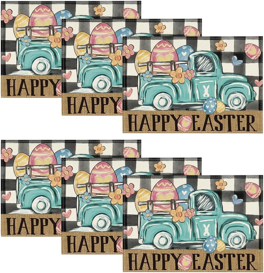 imageArtoid Mode Buffalo Plaid Carrot Egg Truck Daisy Happy Easter Placemats Set of 4 12x18 Inch Seasonal Table Mats for Party Kitchen Dining DecorationBlack