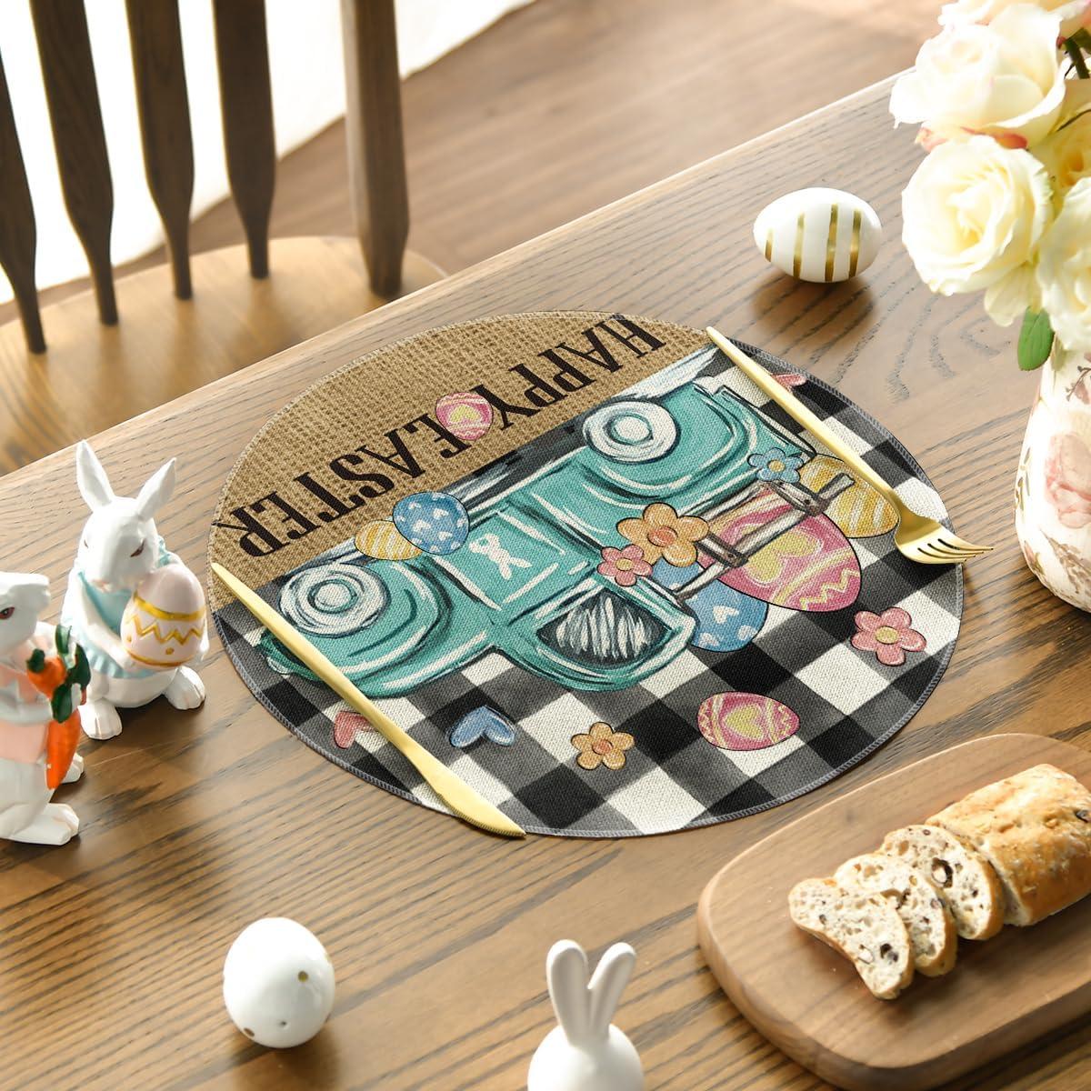 imageArtoid Mode Buffalo Plaid Carrot Egg Truck Daisy Happy Easter Placemats Set of 4 12x18 Inch Seasonal Table Mats for Party Kitchen Dining DecorationBlack