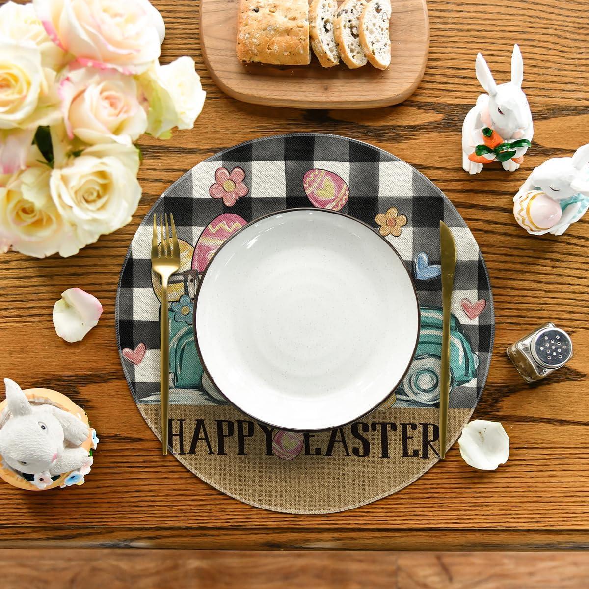 imageArtoid Mode Buffalo Plaid Carrot Egg Truck Daisy Happy Easter Placemats Set of 4 12x18 Inch Seasonal Table Mats for Party Kitchen Dining DecorationBlack
