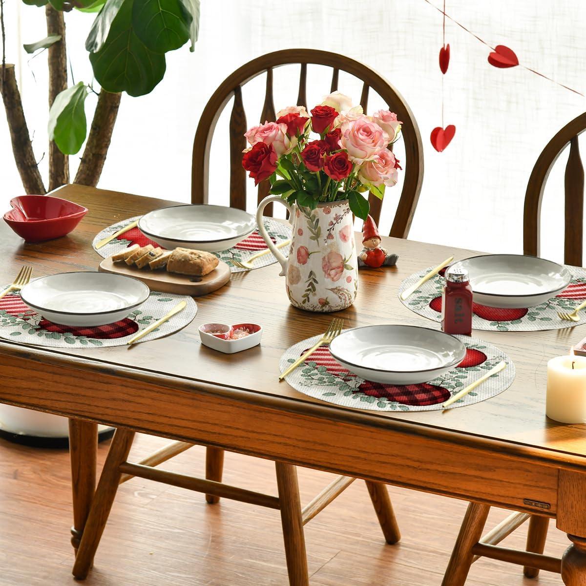 imageArtoid Mode Buffalo Plaid Eucalyptus Hearts Round Valentine Placemats Set of 4 15 Inch Anniversary Wedding Round Table Mats for Dining DecorationRedBeige