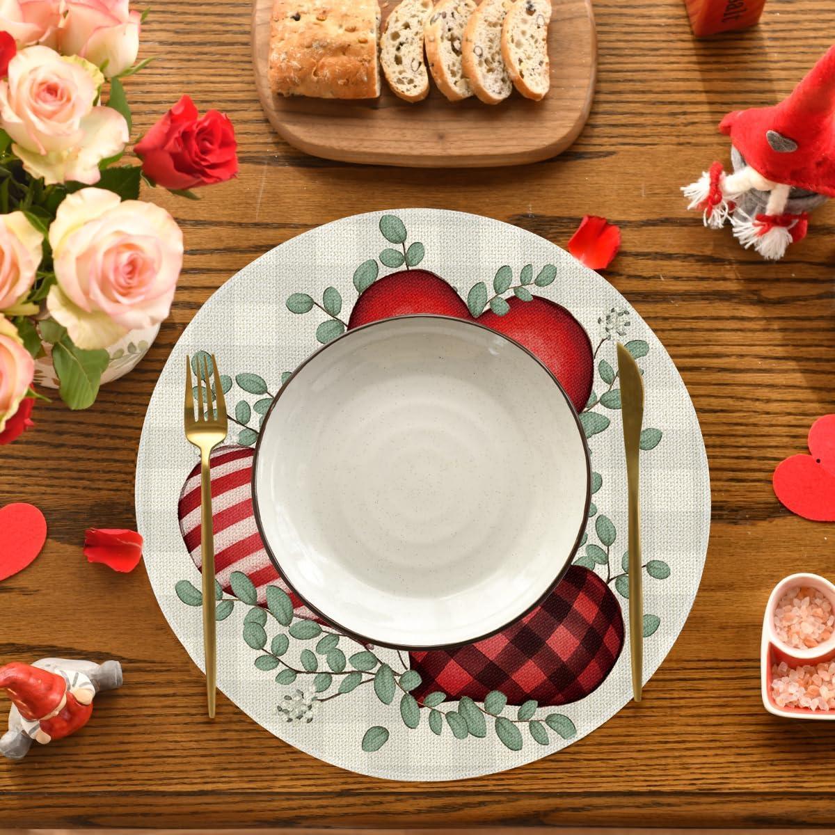 imageArtoid Mode Buffalo Plaid Eucalyptus Hearts Round Valentine Placemats Set of 4 15 Inch Anniversary Wedding Round Table Mats for Dining DecorationRedBeige