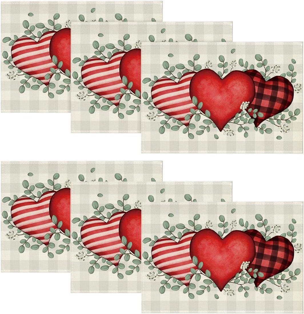 imageArtoid Mode Buffalo Plaid Eucalyptus Hearts Round Valentine Placemats Set of 4 15 Inch Anniversary Wedding Round Table Mats for Dining DecorationRedBeige