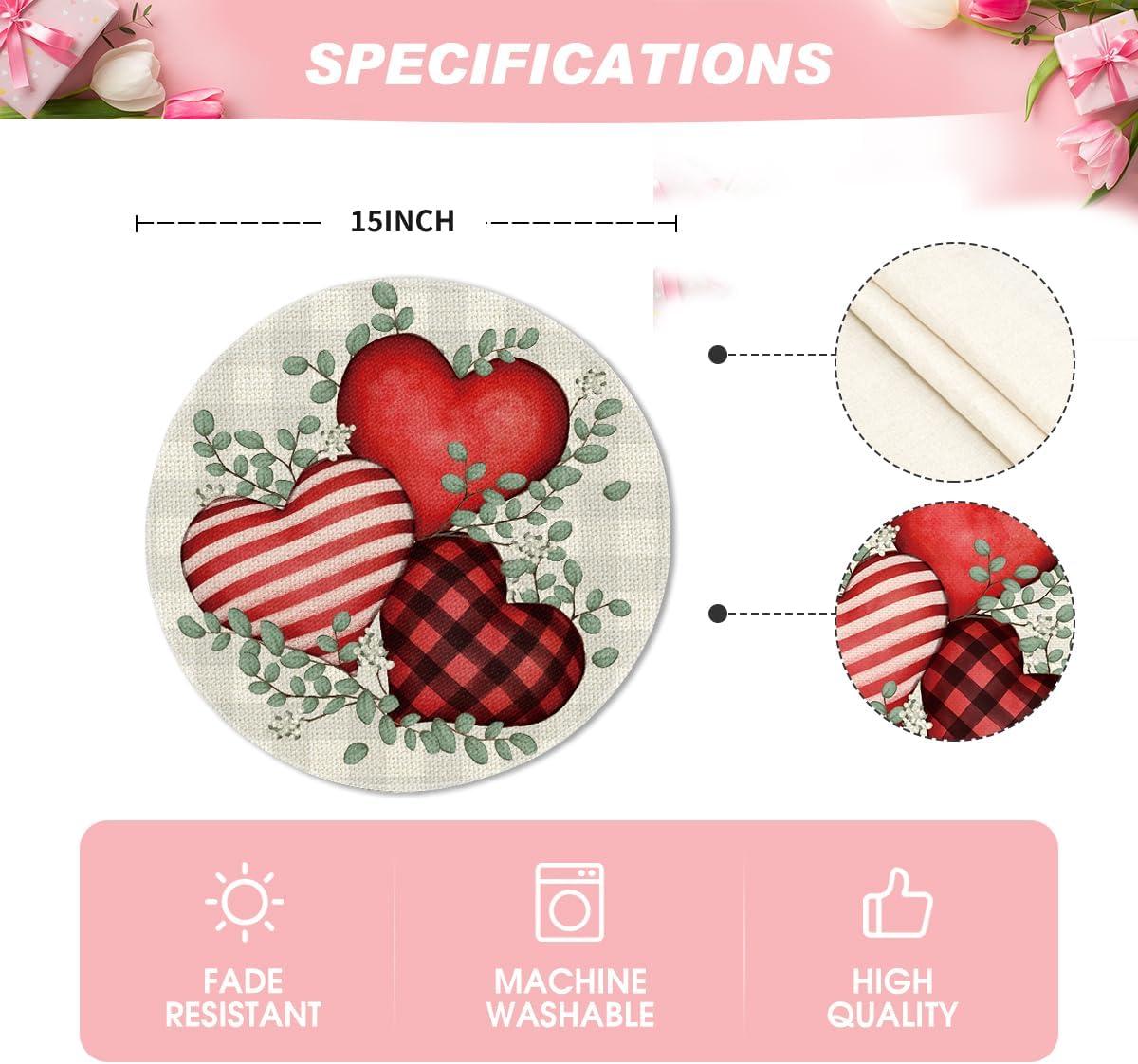 imageArtoid Mode Buffalo Plaid Eucalyptus Hearts Round Valentine Placemats Set of 4 15 Inch Anniversary Wedding Round Table Mats for Dining DecorationRedBeige