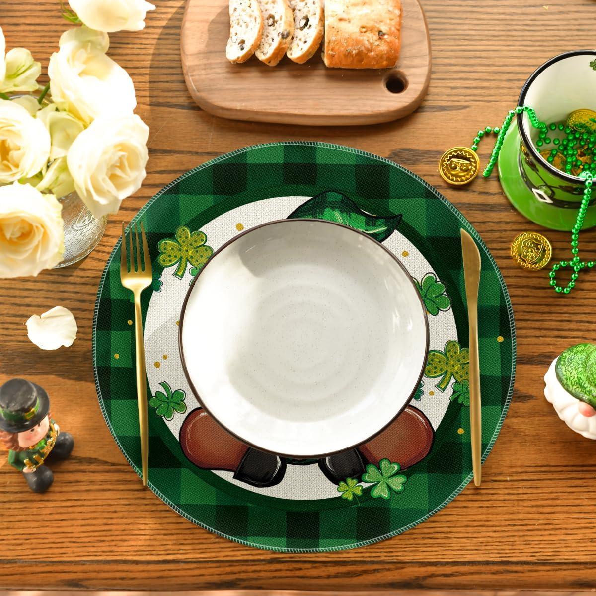 imageArtoid Mode Buffalo Plaid Gnome Shamrock St Patricks Day Placemats Set of 4 12x18 Inch Seasonal Spring Table Mats for Party Kitchen Dining DecorationBlackGreen