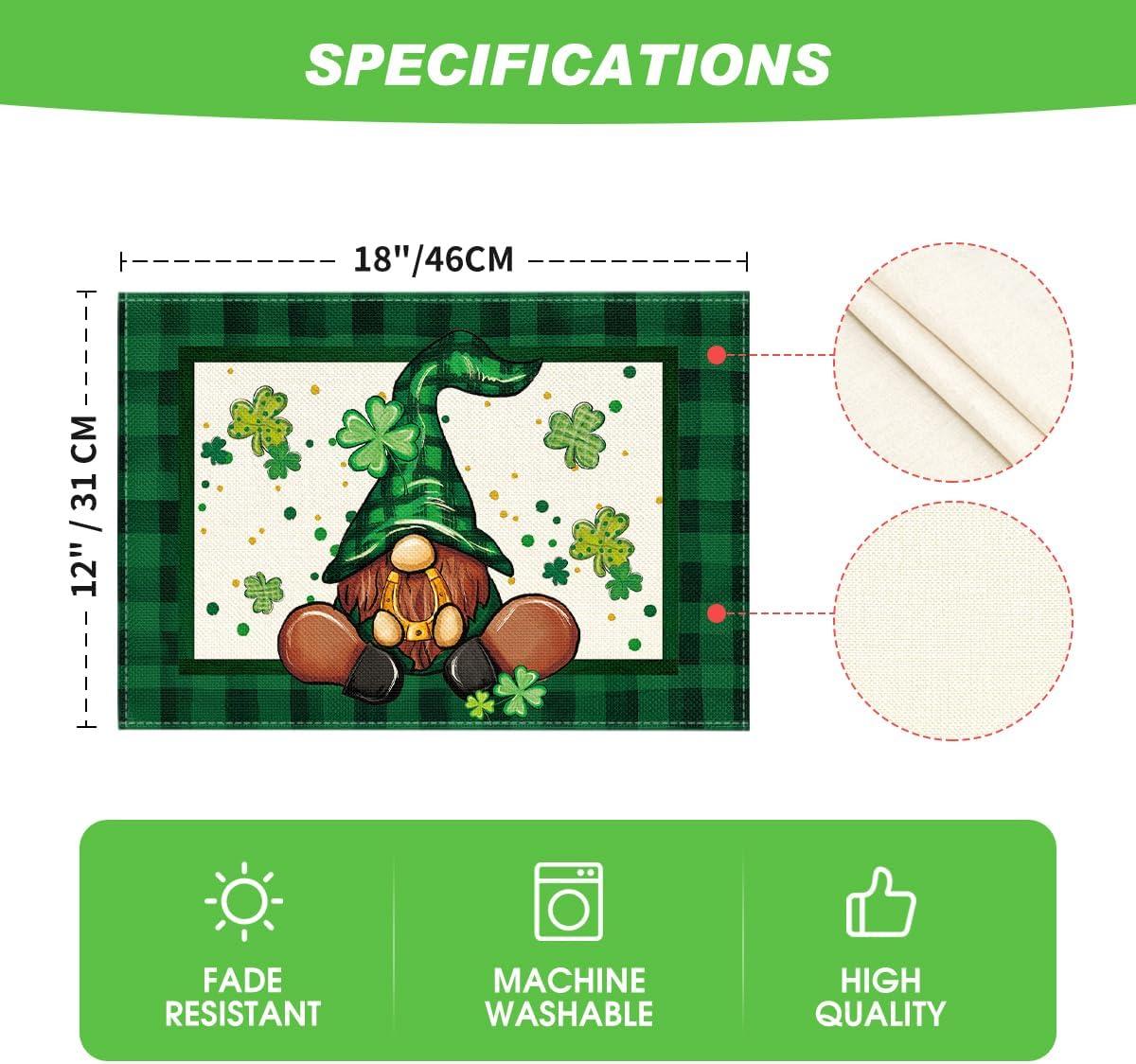 imageArtoid Mode Buffalo Plaid Gnome Shamrock St Patricks Day Placemats Set of 4 12x18 Inch Seasonal Spring Table Mats for Party Kitchen Dining DecorationBlackGreen