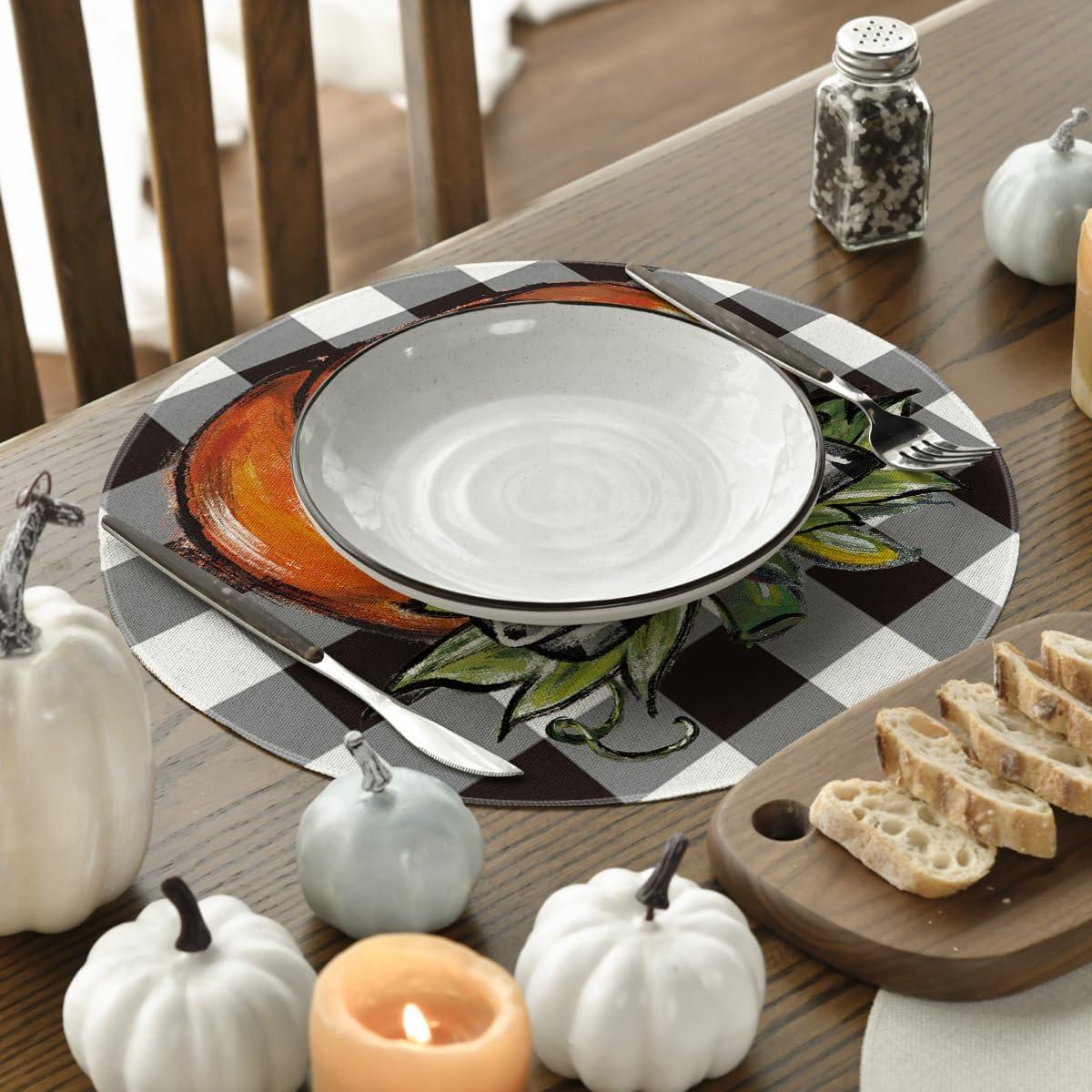 imageArtoid Mode Buffalo Plaid Pumpkin Fall Placemats Set of 4 12x18 Inch Seasonal Autumn Table Mats for Party Kitchen Dining DecorationBlackOrange