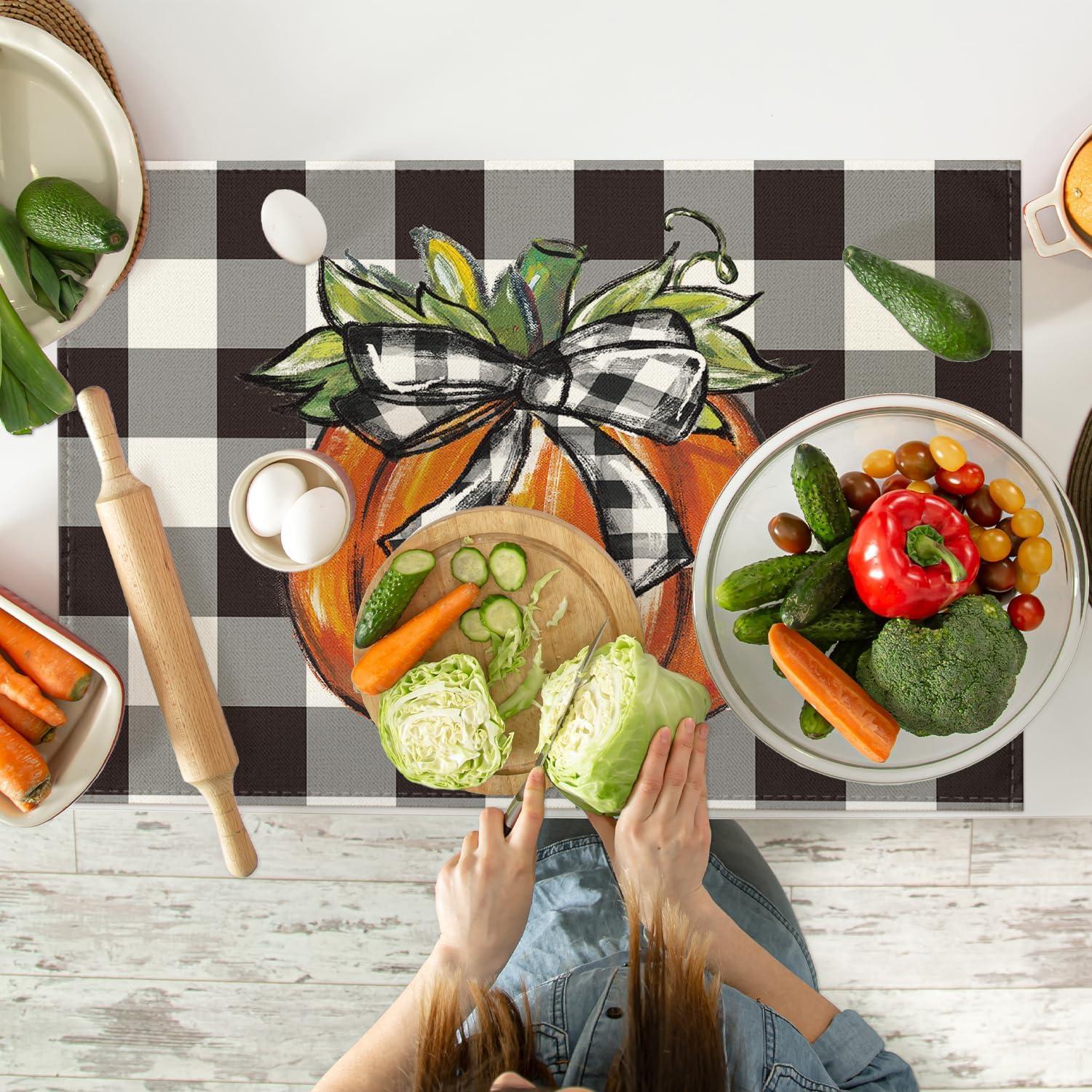 imageArtoid Mode Buffalo Plaid Pumpkin Fall Placemats Set of 4 12x18 Inch Seasonal Autumn Table Mats for Party Kitchen Dining DecorationBlackOrange