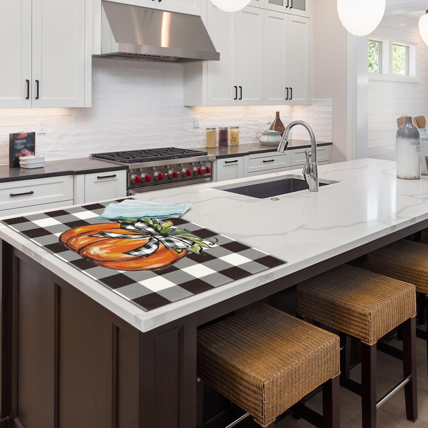 imageArtoid Mode Buffalo Plaid Pumpkin Fall Placemats Set of 4 12x18 Inch Seasonal Autumn Table Mats for Party Kitchen Dining DecorationBlackOrange