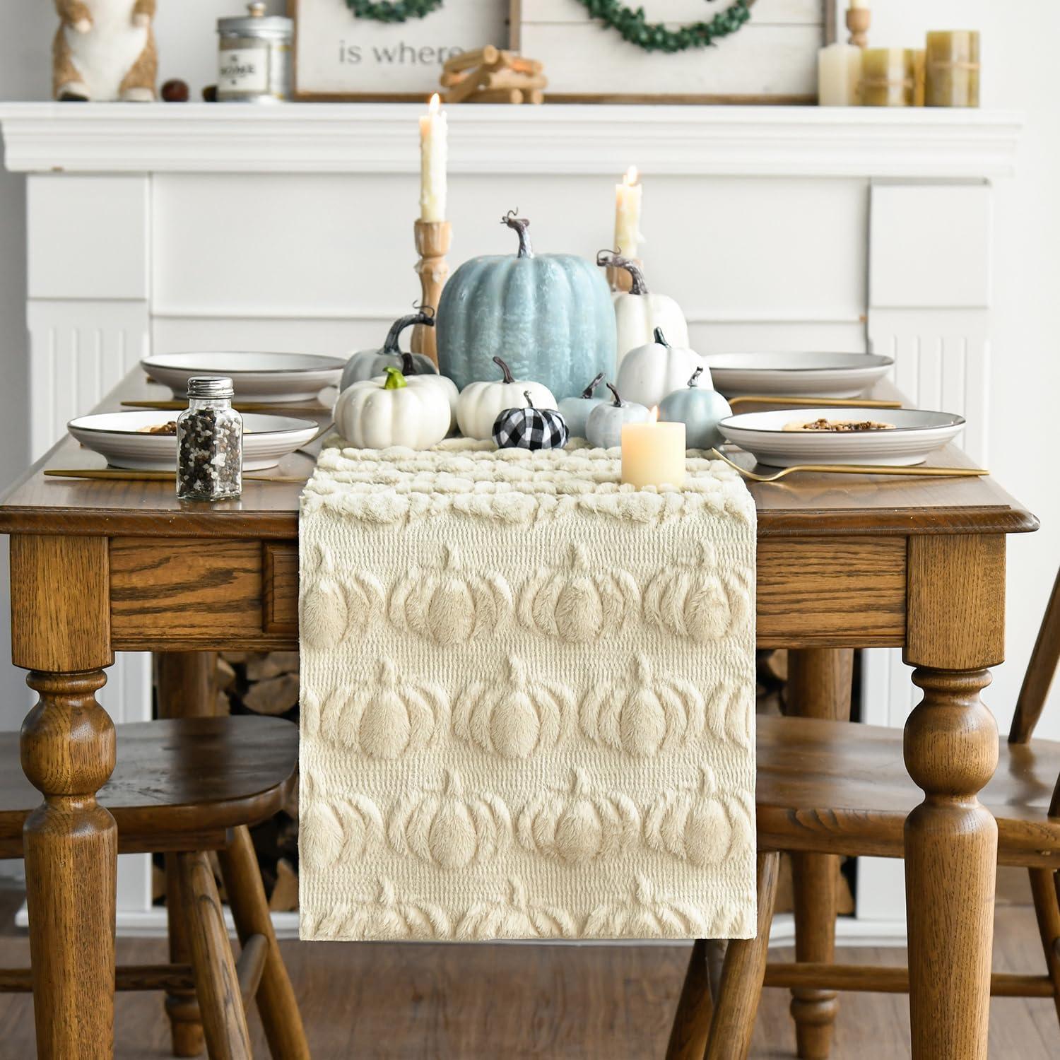 imageArtoid Mode Caramel Soft Plush Faux Fur Jacquard Pumpkins Fall Table Runner Seasonal Autumn Kitchen Dining Table Decoration for Home Party Decor 13x72 InchBeige