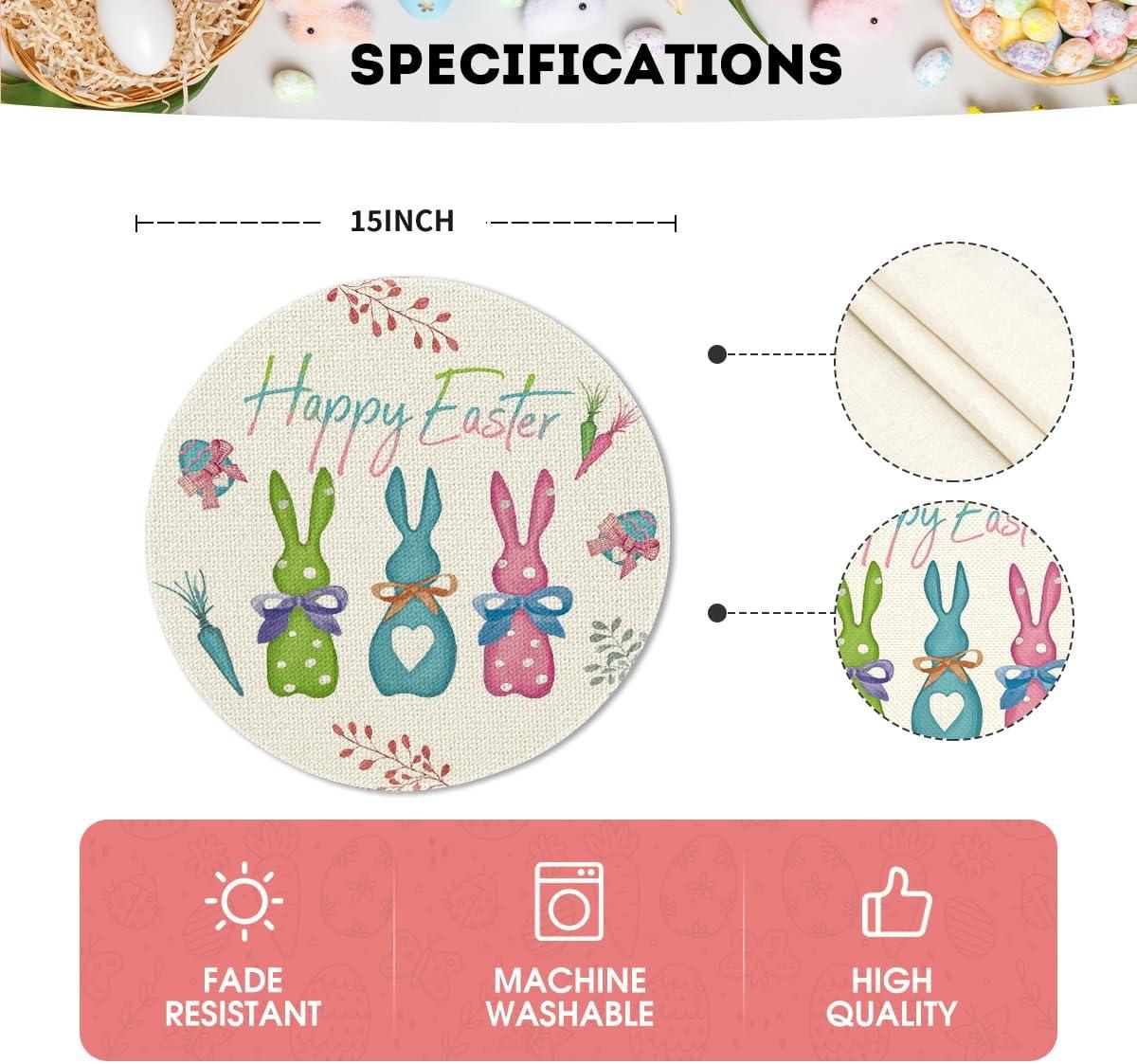 imageArtoid Mode Carrots Rabbit Bunny Happy Easter Round Placemats Set of 4 15 Inch Spring Round Table Mats for Dining DecorationBluePink