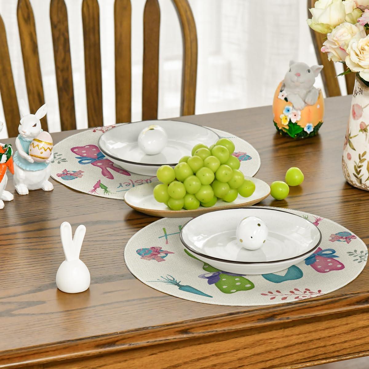 imageArtoid Mode Carrots Rabbit Bunny Happy Easter Round Placemats Set of 4 15 Inch Spring Round Table Mats for Dining DecorationBluePink