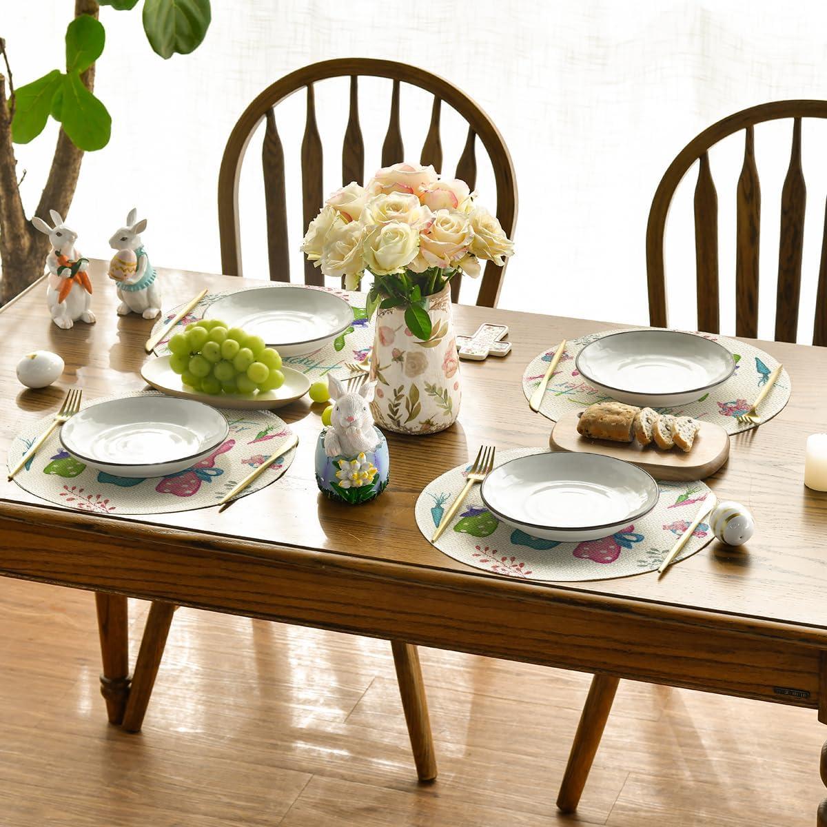 imageArtoid Mode Carrots Rabbit Bunny Happy Easter Round Placemats Set of 4 15 Inch Spring Round Table Mats for Dining DecorationBluePink