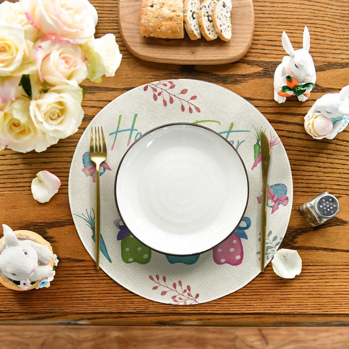 imageArtoid Mode Carrots Rabbit Bunny Happy Easter Round Placemats Set of 4 15 Inch Spring Round Table Mats for Dining DecorationBluePink