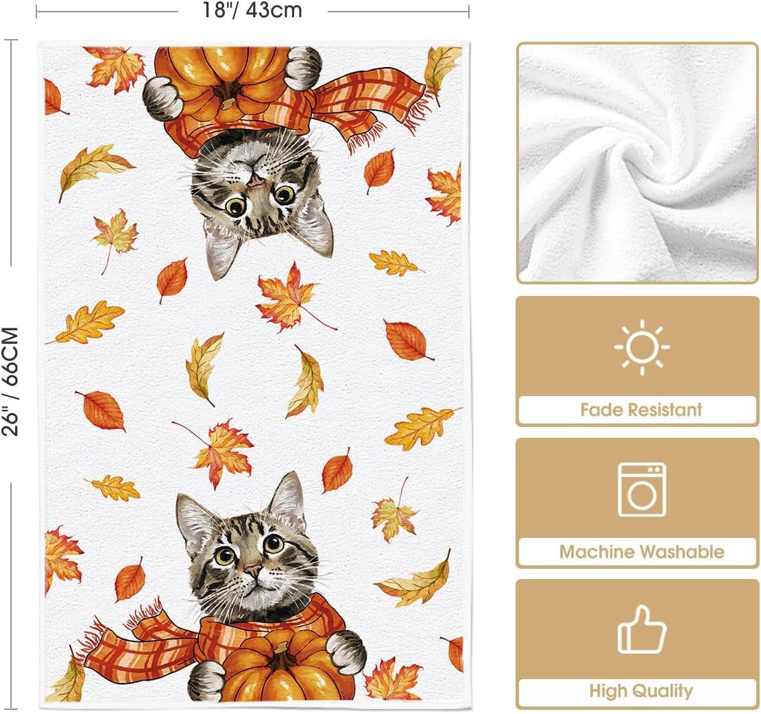 imageArtoid Mode Cat Pumpkin Hello Fall Kitchen Towels Dish Towels 18x26 Inch Farmhouse Thanksgiving Scarf Maple Leaves Decoration Hand Towels Set of 2