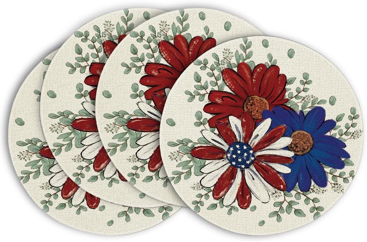imageArtoid Mode Eucalyptus Daisy 4th of July Round Placemats Set of 414 Inch Patriotic Memorial Day Table Mats for Party Kitchen Dining DecorationBeige