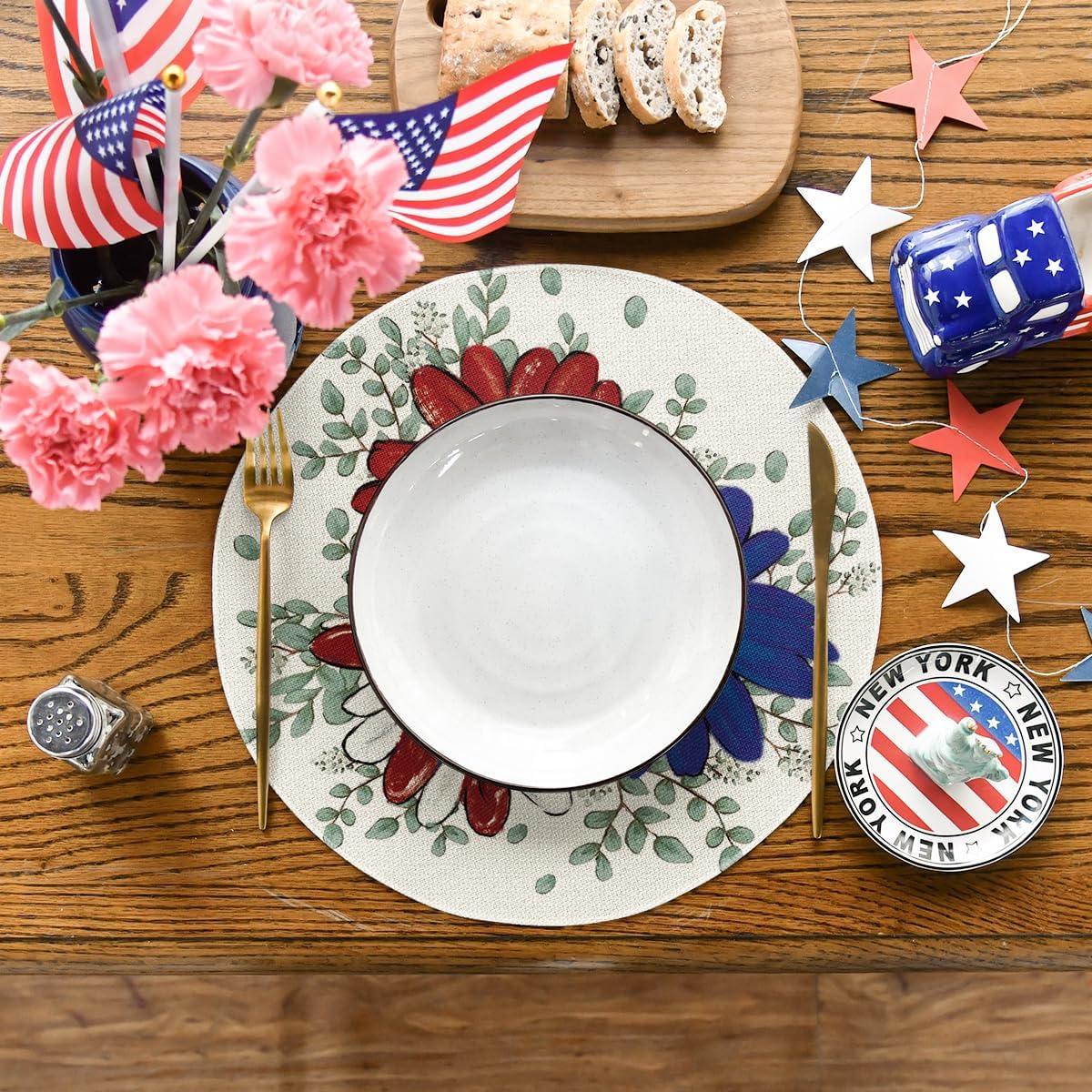 imageArtoid Mode Eucalyptus Daisy 4th of July Round Placemats Set of 414 Inch Patriotic Memorial Day Table Mats for Party Kitchen Dining DecorationBeige