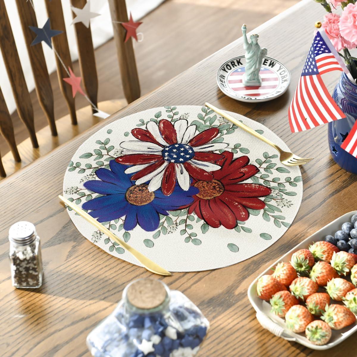 imageArtoid Mode Eucalyptus Daisy 4th of July Round Placemats Set of 414 Inch Patriotic Memorial Day Table Mats for Party Kitchen Dining DecorationBeige