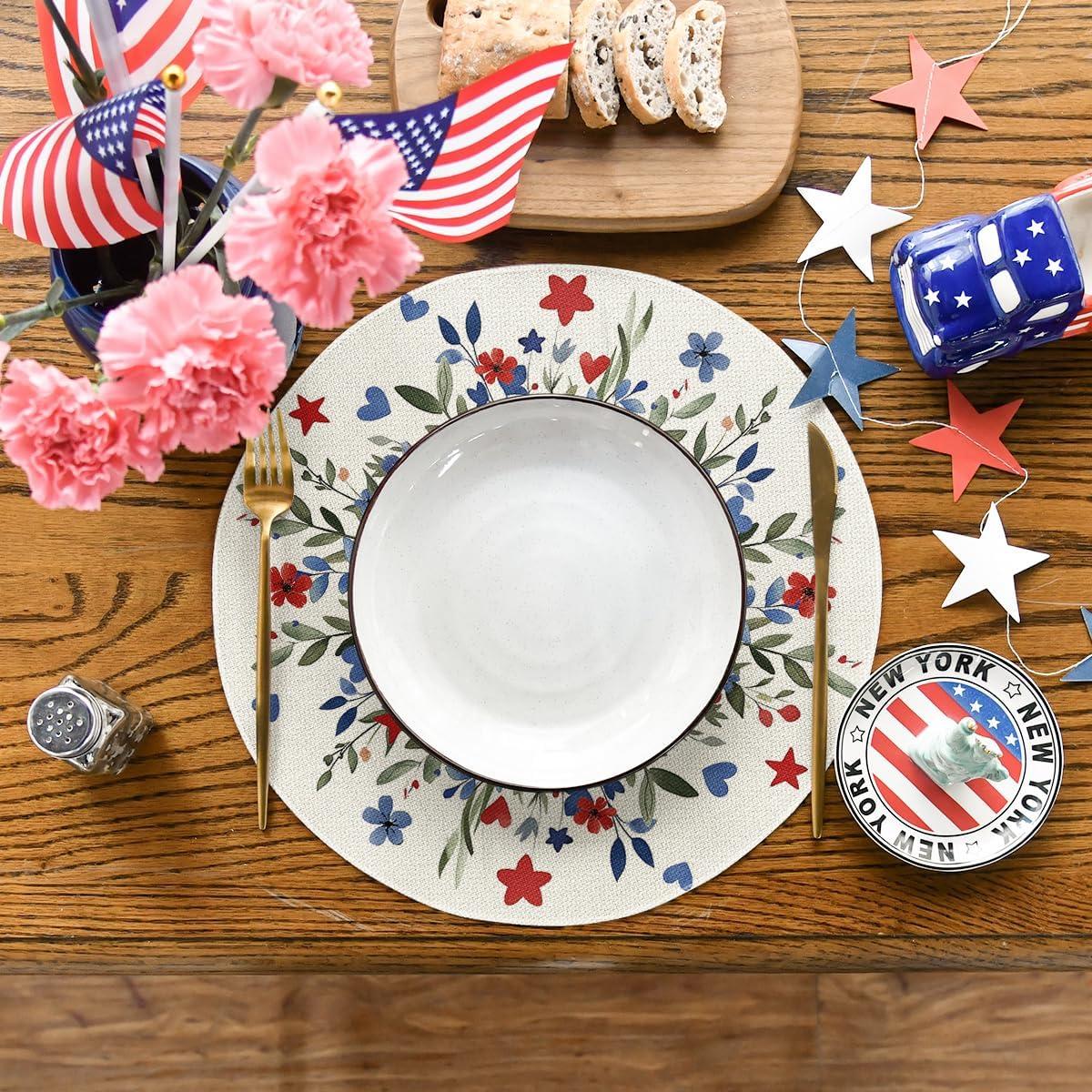 imageArtoid Mode Eucalyptus Floral Stars 4th of July Round Placemats Set of 4 14 Inch Memorial Day Table Mats for Dining DecorationBeige